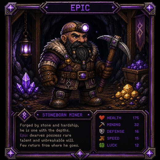 Epic dwarf card, Stoneborn Miner: a fur-cloaked dwarf lit by amethyst.