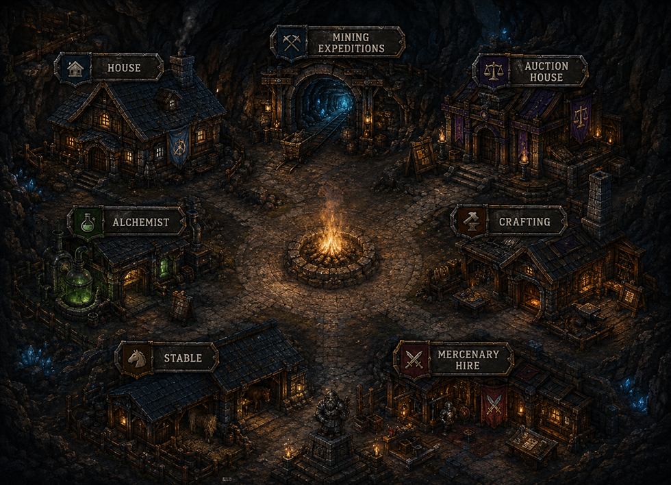 The Dwarven Mines town: house, mining expeditions, auction house, alchemist, crafting workshop, stable and mercenary hire arranged around a central bonfire.