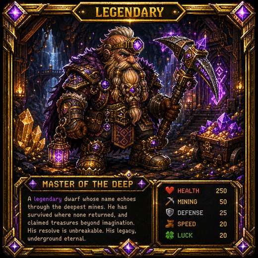 Legendary dwarf card, Master of the Deep: a dwarf in gold and amethyst armour.