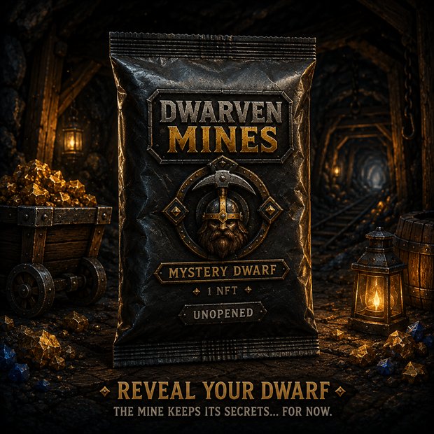 An unopened Dwarven Mines mystery pack containing one dwarf NFT.