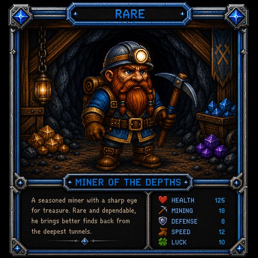 Rare dwarf card, Miner of the Depths: a blue-coated dwarf with a steel pickaxe.